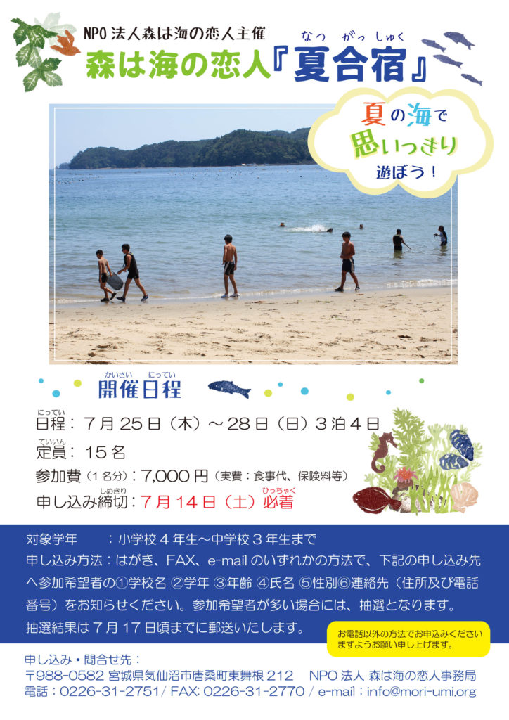 子どもキャンプ『森は海の恋人 夏合宿』を開催します！【2019年7月25～28日】応募締切ました。終了